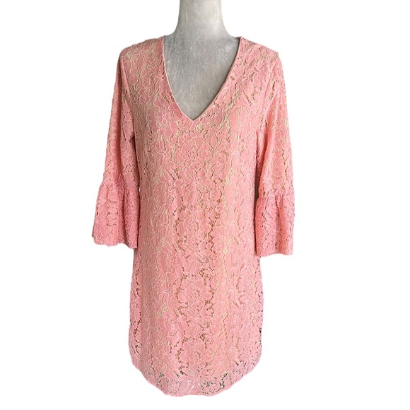 NWT JB by Julie Brown Pink Lace 3/4 Ruffle Bell Sleeve Shift Mini Dress - M - Picture 1 of 12